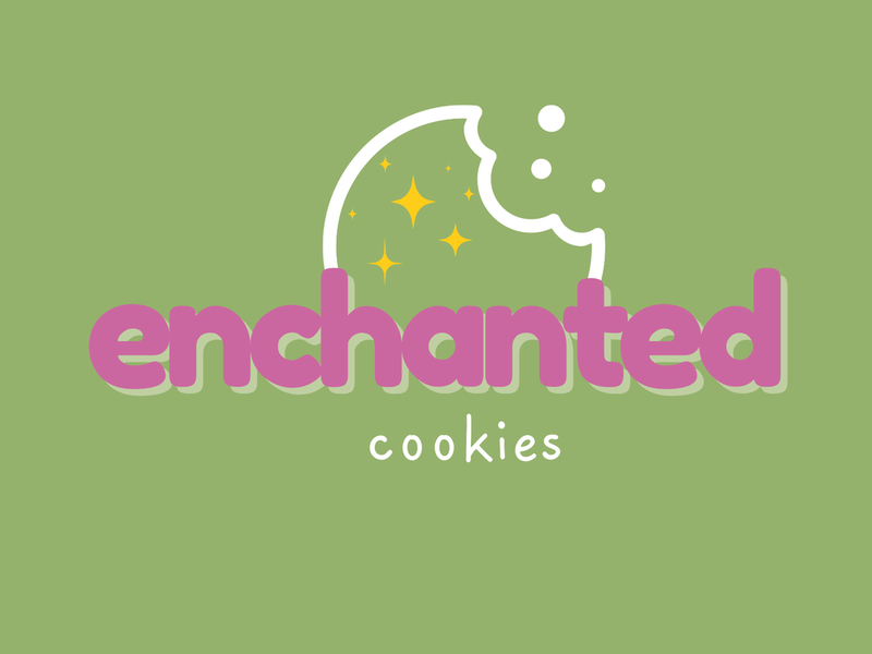 Enchanted Cookies logo: pink lettering above the word cookies, with a cookie that has a bite taken out of it